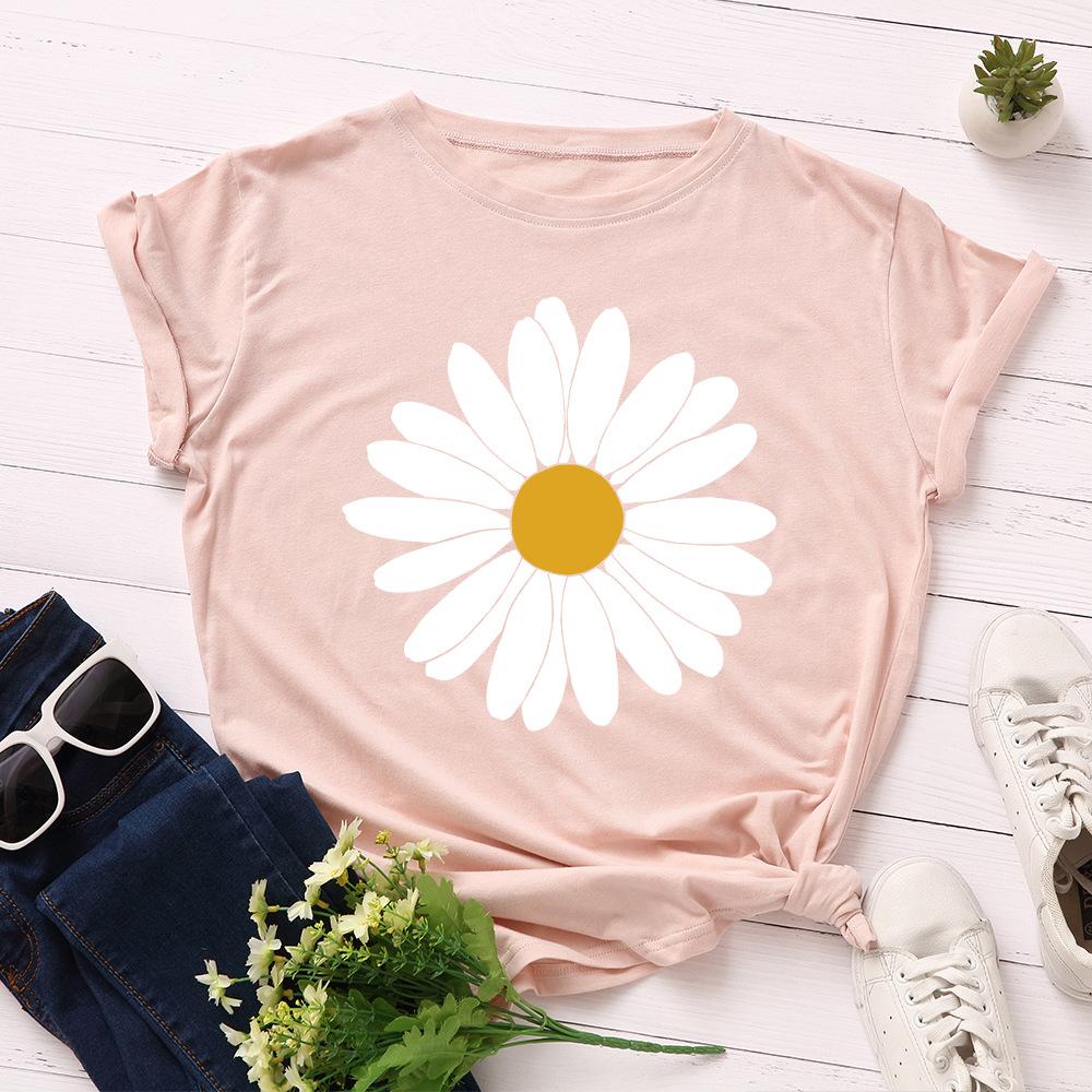 Big Sun Flower Cotton T-Shirt Short Sleeve Round Neck Women 2d Print Tops