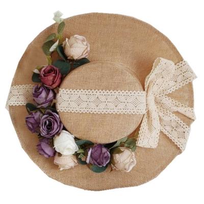 Chapeau Lolita d'été pour femme Chapeau de thé Chapeau de soleil d'extérieur Décoration florale Chapeau plat Ombrelle Chapeaux de vacances d'été à la plage