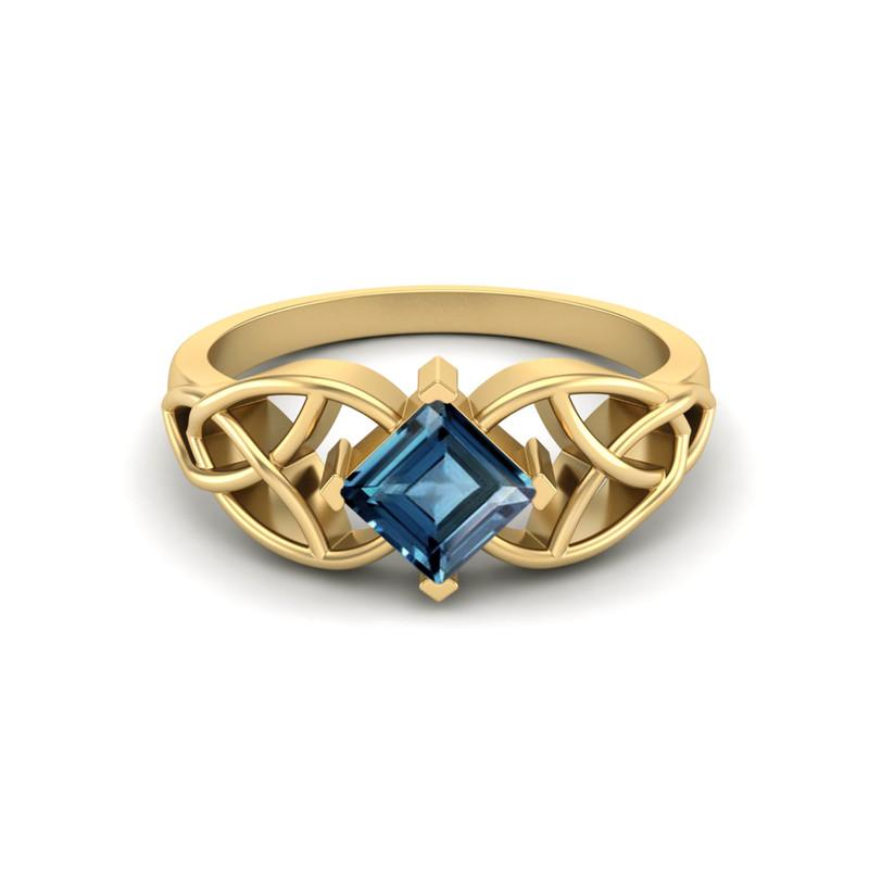 5MM Kvadratisk London Blue Topas Ädelsten 925 Sterling Silver Guldpläterad Solitär Keltisk Dam Förlovningsring