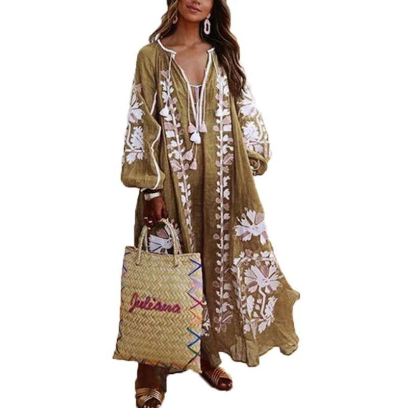 Long-Sleeve V-neck Print Loose Dress Long Sleeves V Neck Print Loose Long Dress