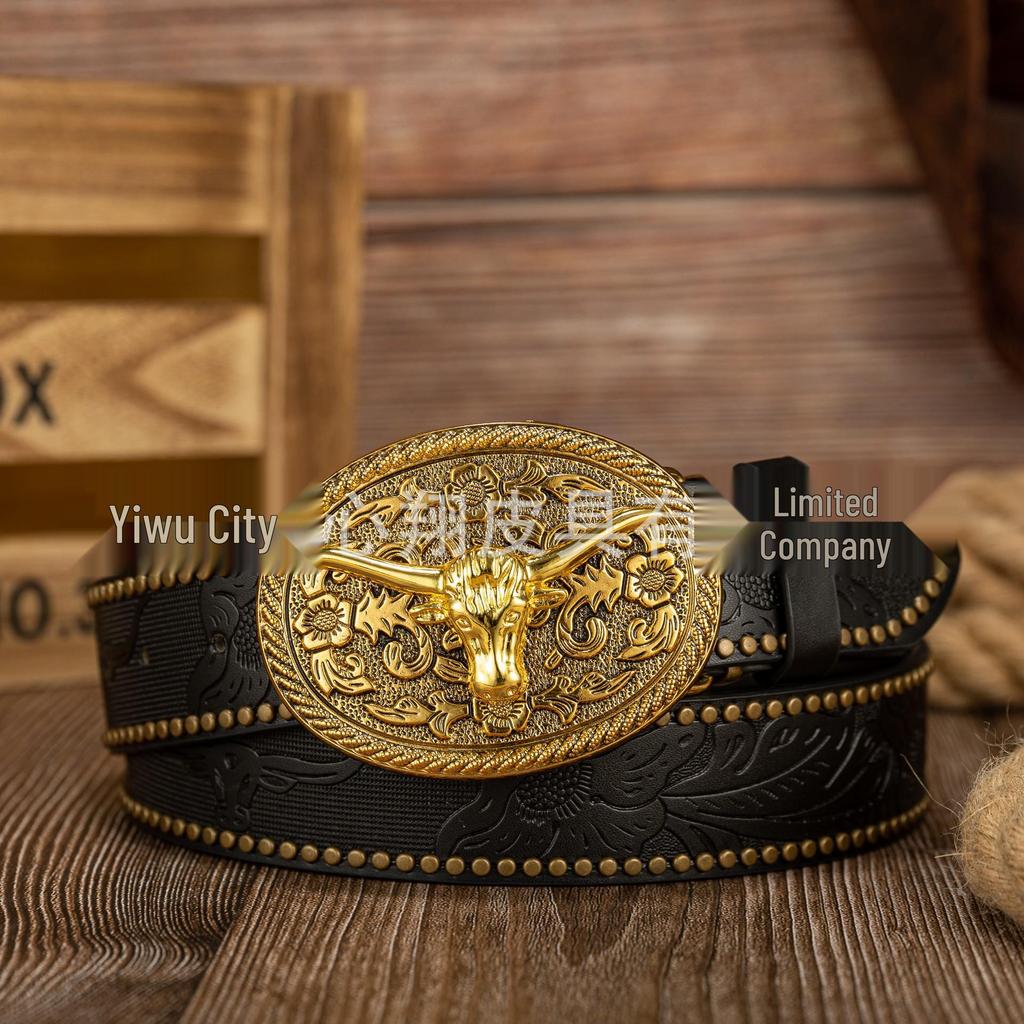 Western Cowboy Gold Lace Accent 3D Buckle Retro PU Leather Belt