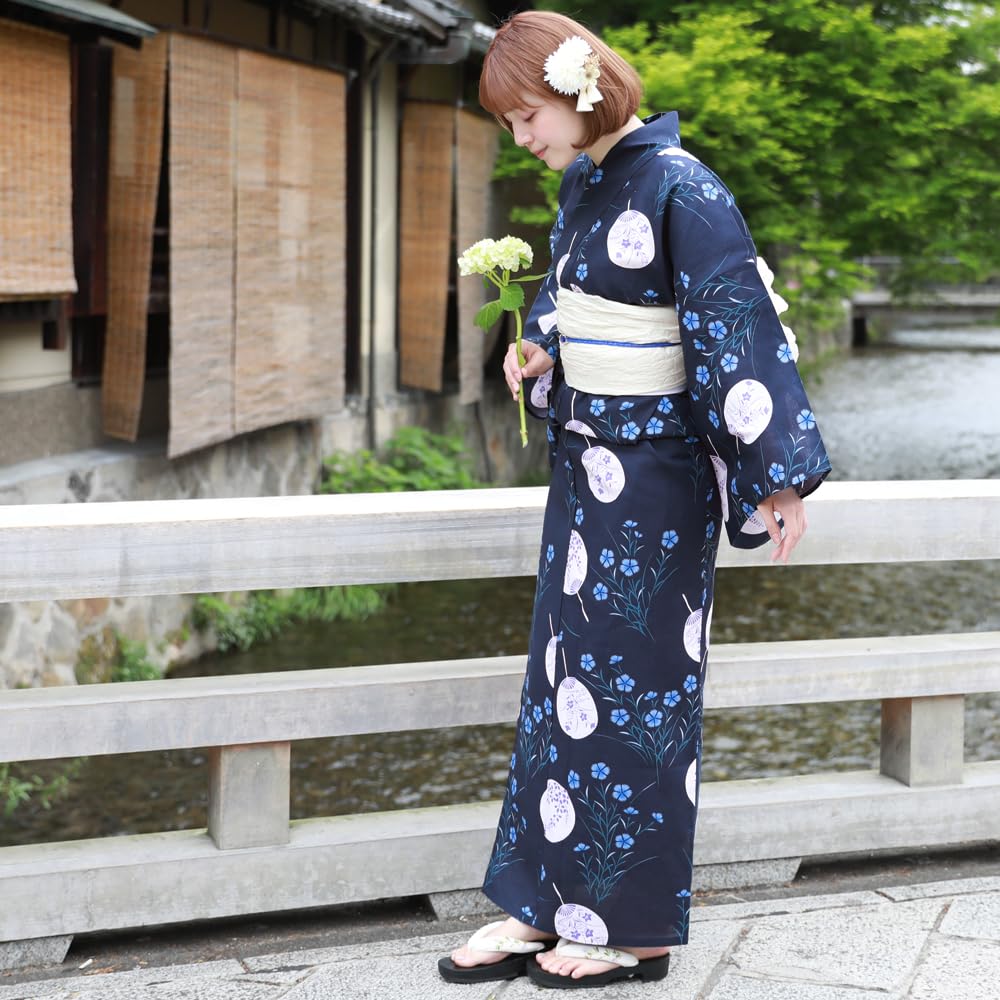 Separate Yukata for Large Separate Yukata with Heko Set Navy Blue with Uchiwa and Women, Adults, Size, Obi, 3-piece (LL-3L Size, 1. Nadeshiko)