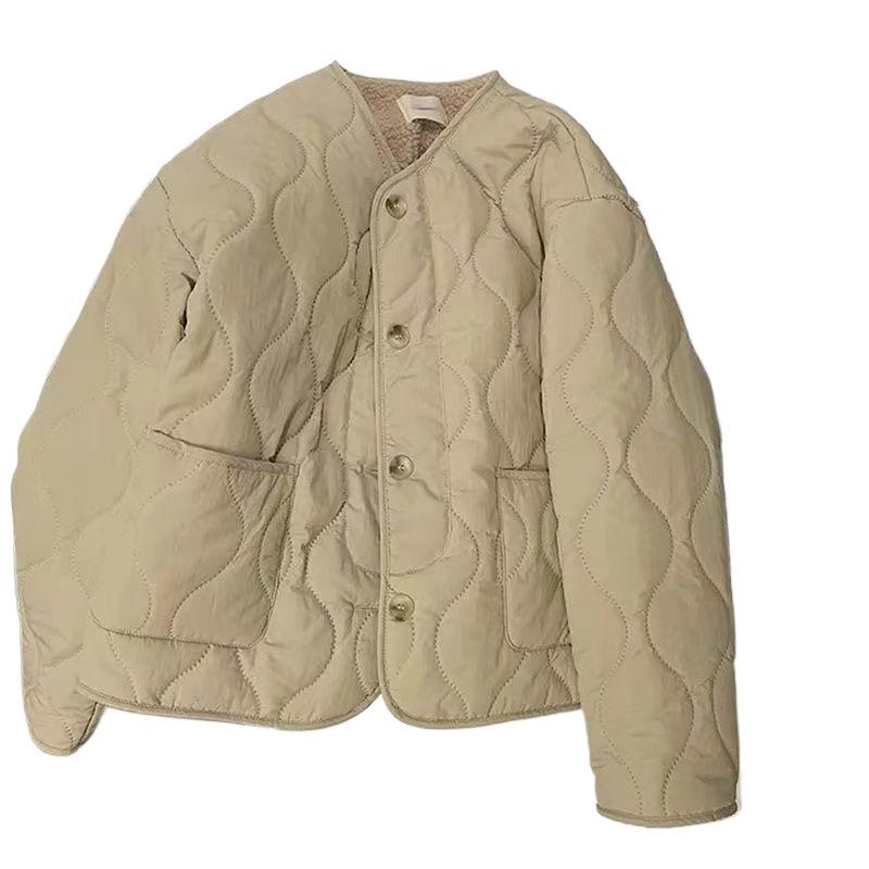 Rosa Damenjacke im koreanischen Stil aus Lammwolle - Baumwollgefüttert, dicker Wintermantel mit Rundhalsausschnitt für 2025