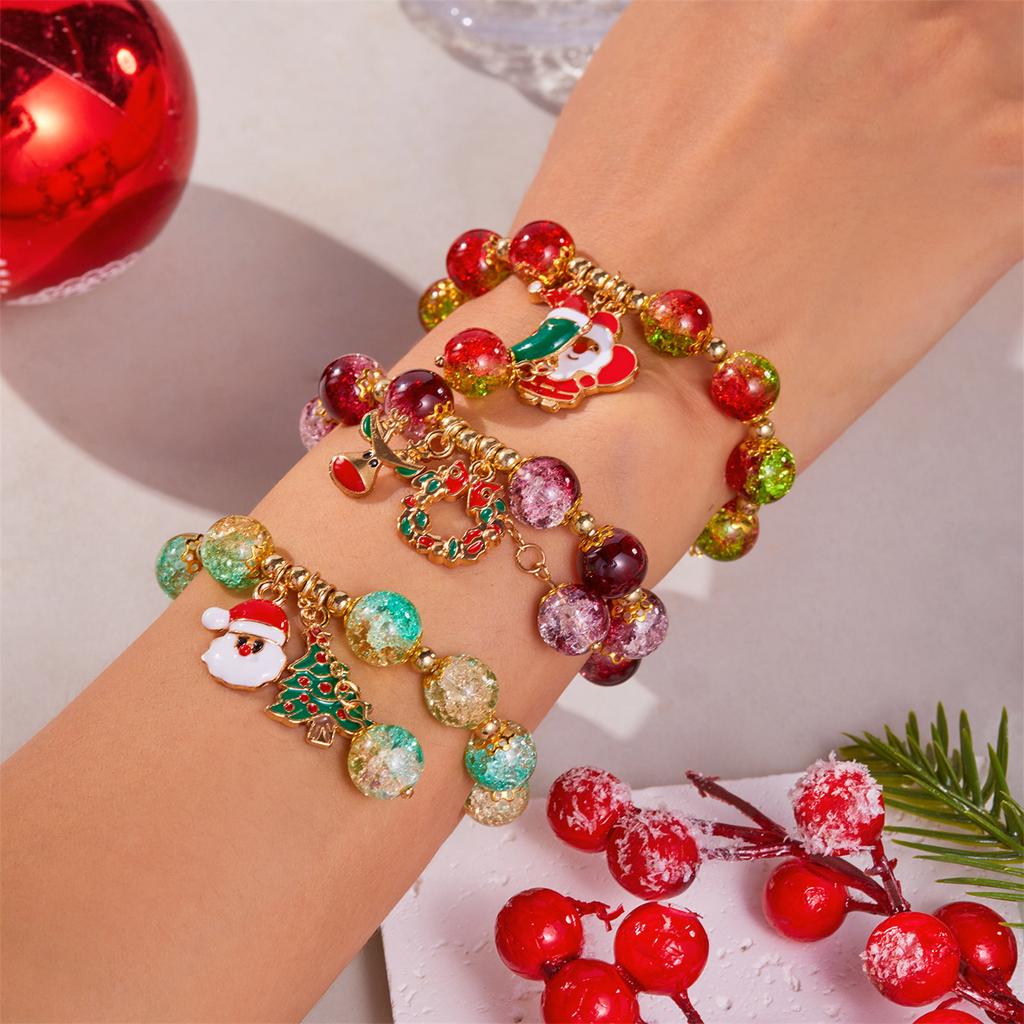 Christmas Crystal Beads Bracelet for Women, Handmade Xmas Snowflake Snowman Bell  , Sparkling Colorful Beads Stretch Bracelet
