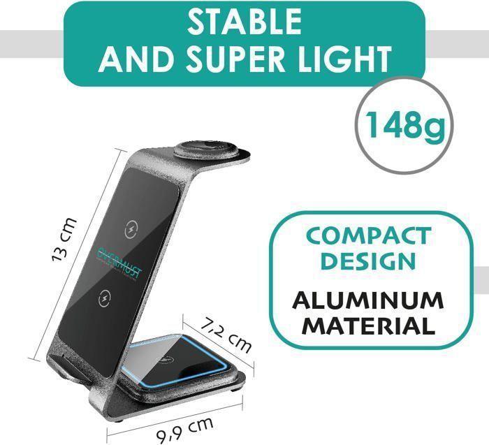 Chargeur sans fil - OVERMUST - Wireless 3 en 1 - Recharge simultanée - Aluminium compact - Compatible iPhone/Samsung