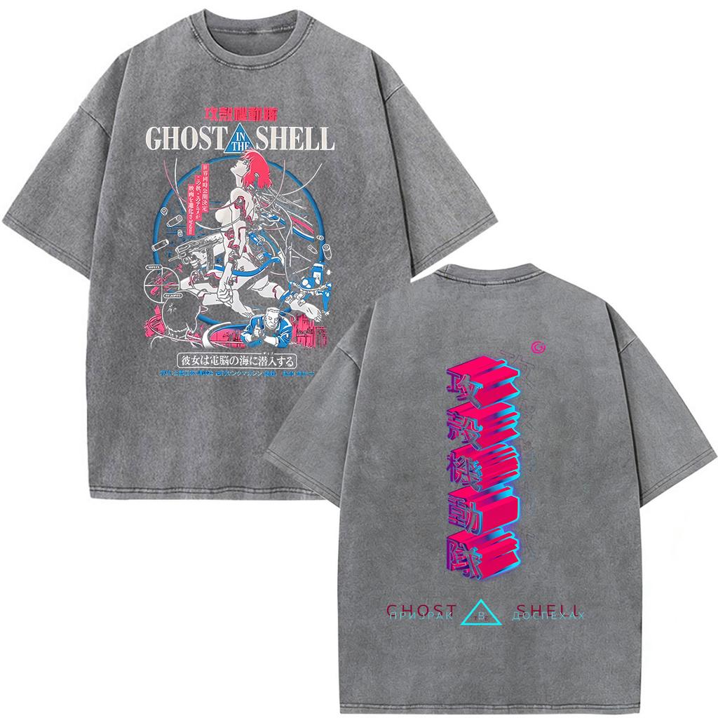 Vintage Washed Anime Ghost In The Shell Motoko Kusanagi T Shirts Men Women Clothing Fashion Punk Oversized Short Sleeve Tshirts