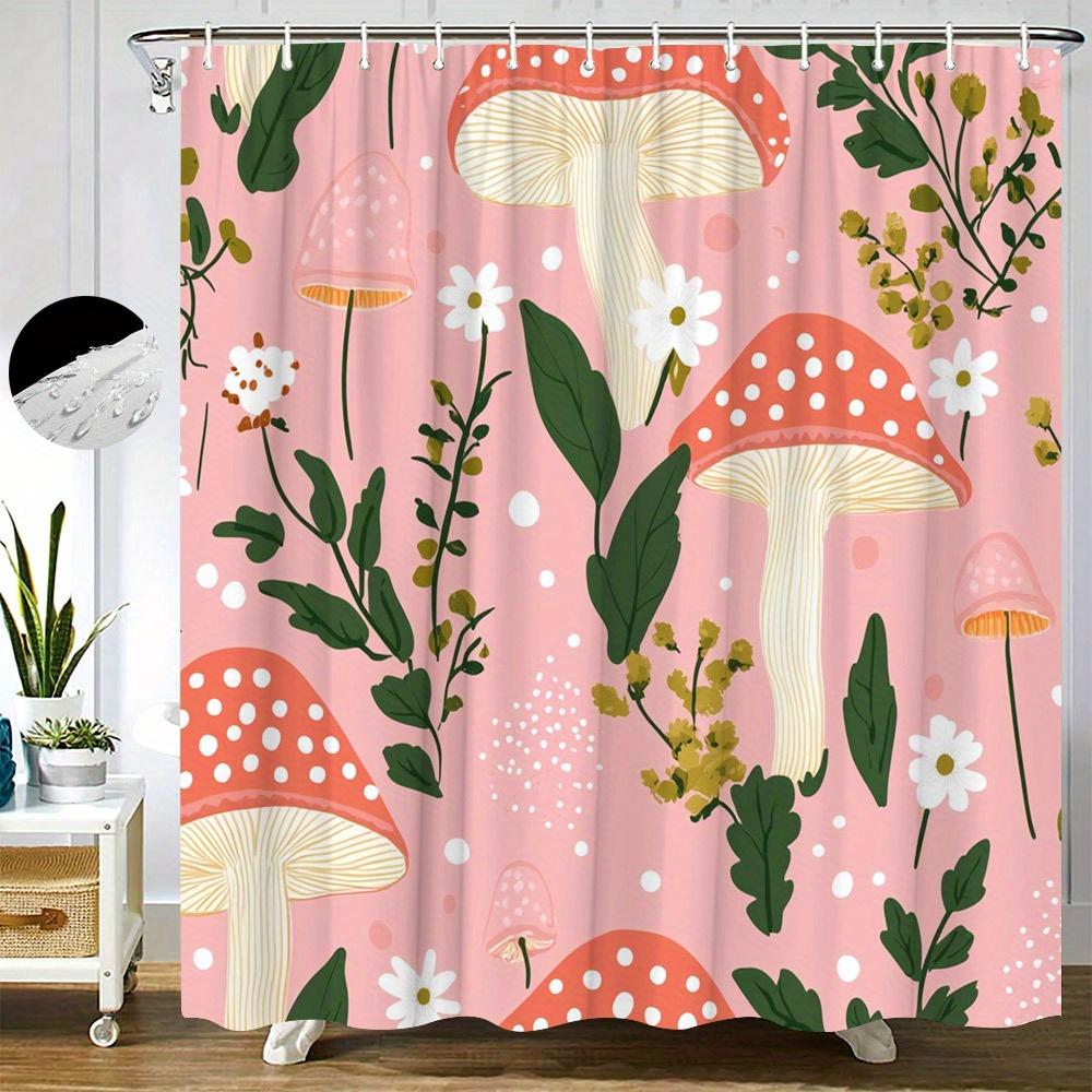 

Whimsical Mushroom Shower Curtain Pink Background With Red Dotted Toadstools, White Flowers Green Leaves Waterproof Polyester, W60H190(CM)-1 Pcs