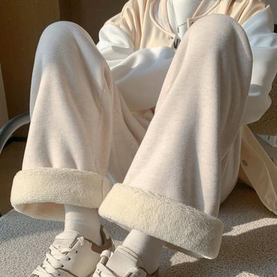 Autumn and Winter New High Waist Plush Women's Trousers Fashion Thicken Slim Loose Wide Leg Pants Women Solid Drawstring Vintage Fleece Trouser 25703