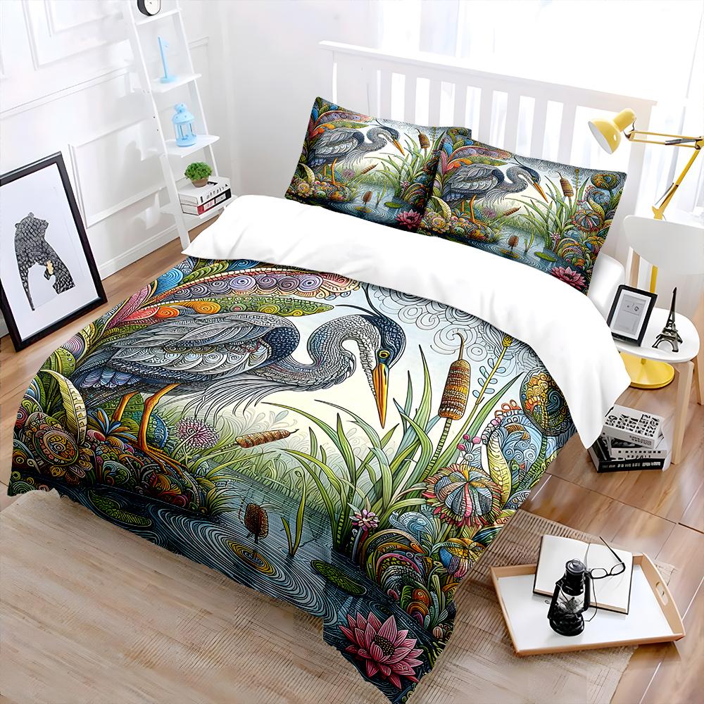 Colorful Heron and Lakeside Plants Print Soft Comfortable Duvet Cover Bedding Set Included 1*Duvet Cover 2*Pillowcases
