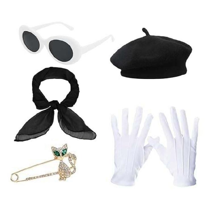 Francouzská kostýmová sada 80. let Francouzská žena Baret Klobouk Kostýmové doplňky Oválné sluneční brýle Šátek Rukavice