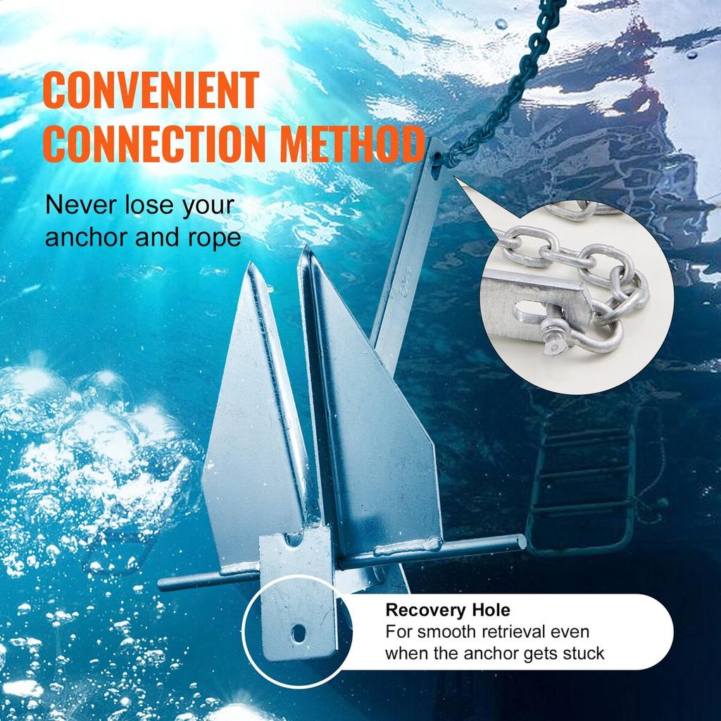 Fluke Style Anchor Kit, 13 LBS Hot-Dipped Galvanized Steel Fluke Anchor with 7.9' Chain, 101' Rope and Two 0.4" Shackles, Marine Boat Anchor for Small
