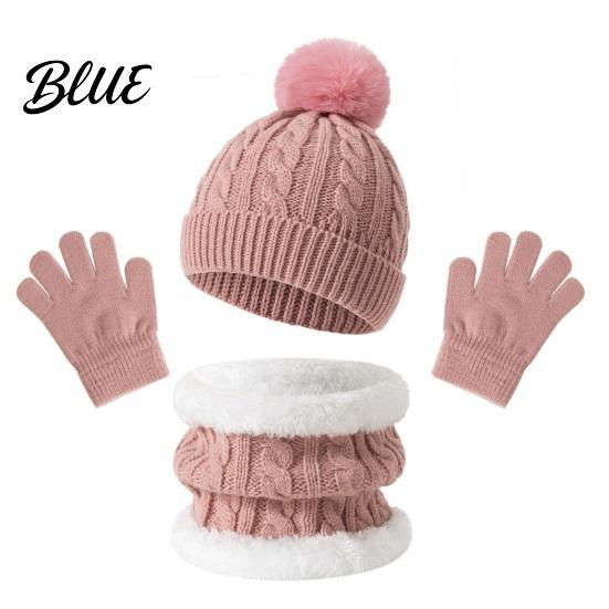 Soft Comfortable Winter Headwear Kids Warm Knit Set Bear Ear Hat Fleece Lined Neck Gaiter & Thermal Accessories Full Finger Gloves Thick
