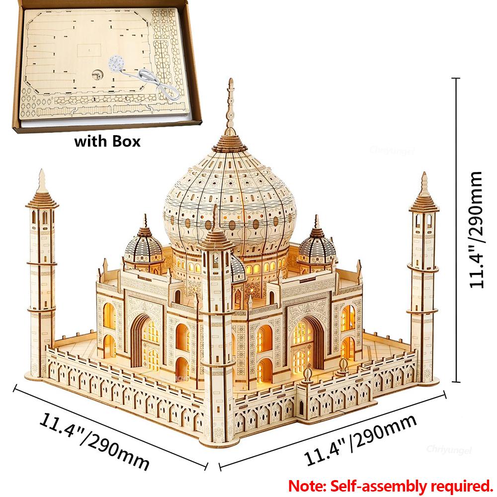 3D Wooden Puzzle House Royal Castle Taj Mahal Model Kit with Light DIY Assembly Crafts Desk Decoration Gifts for Adults Kids