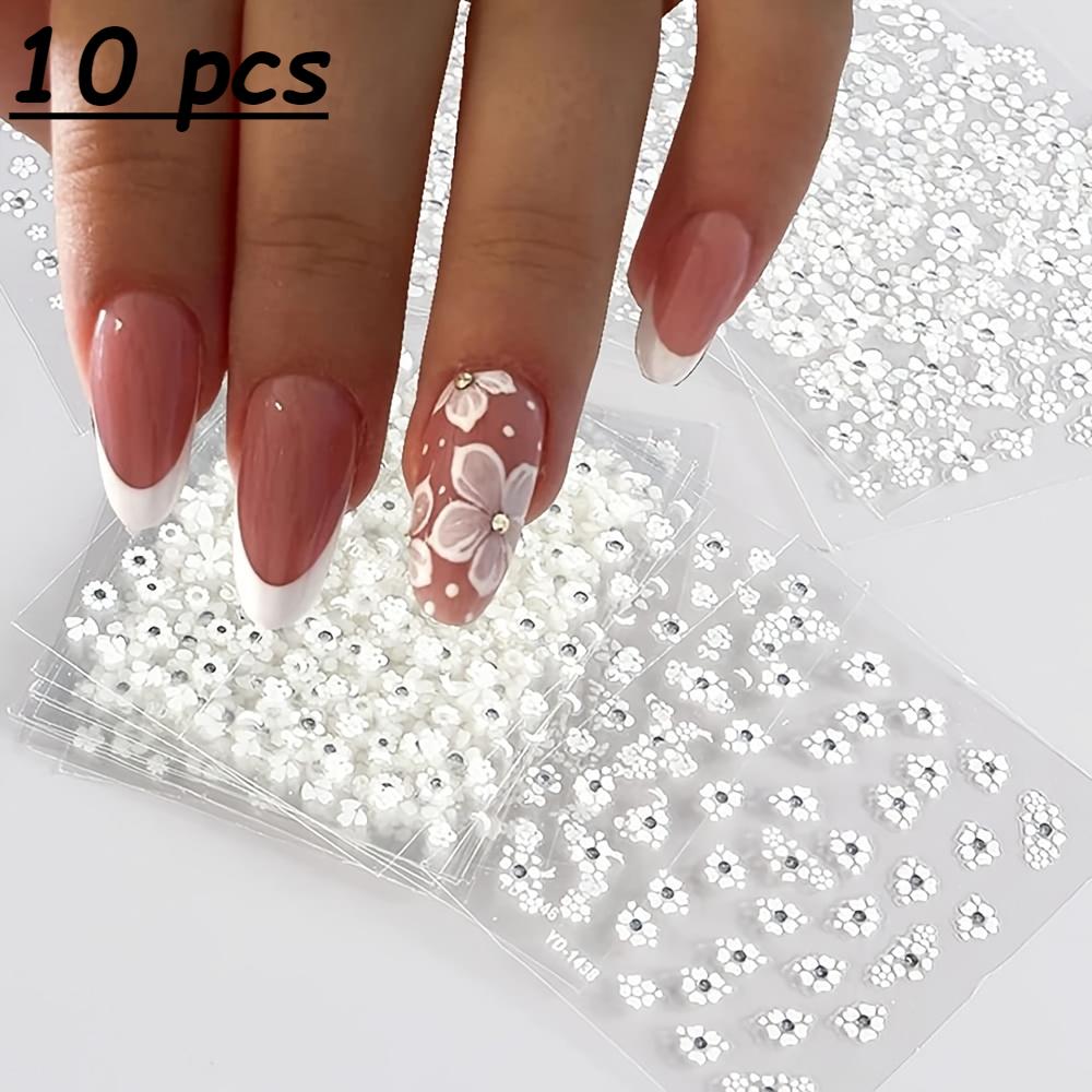 10 Sheets White Flower Nail Stickers - Self-Adhesive Decals with Elegant Black & Pink Floral Designs, Perfect for Nail Art