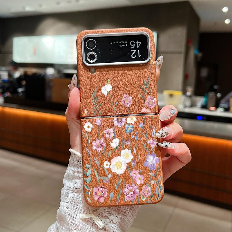 Leather Texture Soft TPU Folding Case For Samsung Galaxy Z Flip7 Flip6 Flip5 Flip4 Z Flip 7 FE 6 5 3 5G Plant Print Phone Cover
