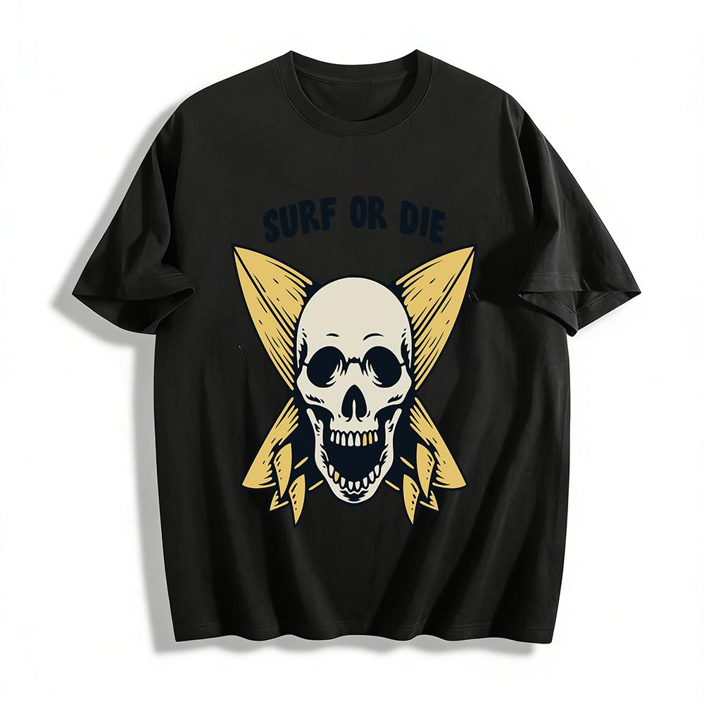 Surf Or Die Vintage Skull Print Unisex Casual Short Sleeve T-Shirt Pure cotton T-shirt XXS