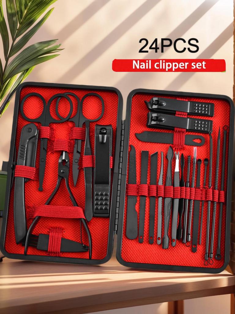 24-Piece Black and Red Nail Clipper Set - Stainless Steel Manicure and Pedicure Tools
