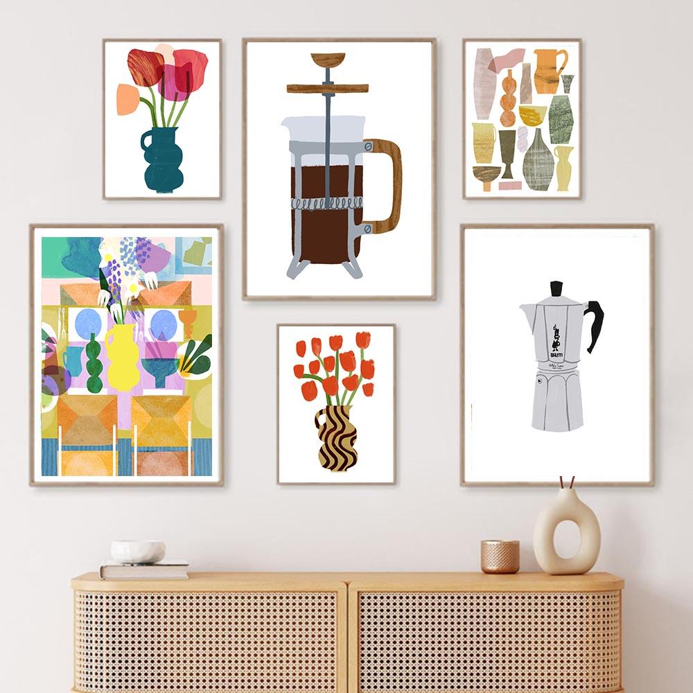 Flower Market Vases Wall Art Canvas Painting Coffee Pot Moka Posters Prints Botanical Wall Pictures For Living Room Home Decor