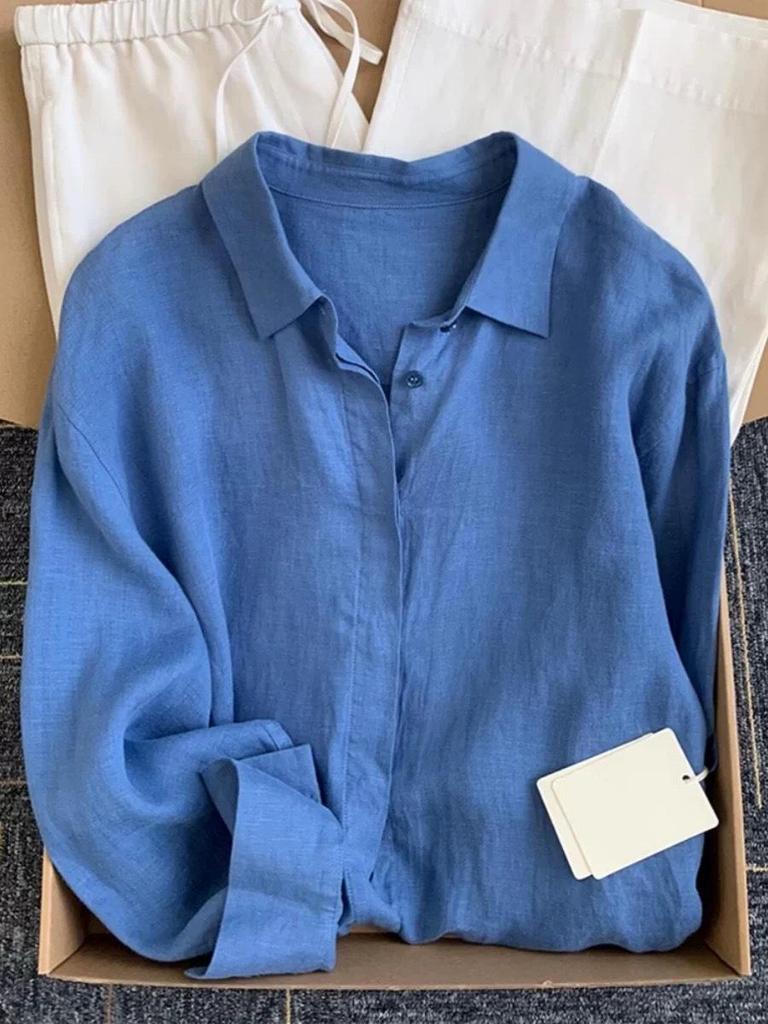 Women's French Blue Linen Shirt, Summer Lightweight Loose Fit, Long Sleeve Sun Protection Top