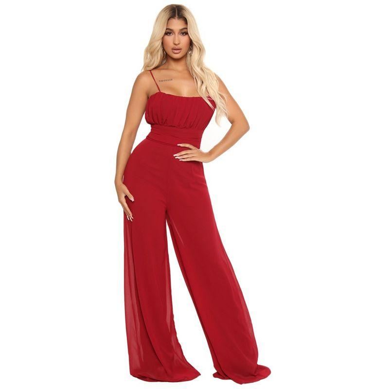 

Nipped Waist Loose Jumpsuit Waist-Defined Chiffon Solid Color Sexy Sling Women s Wide-Leg Jumpsuit Red XL