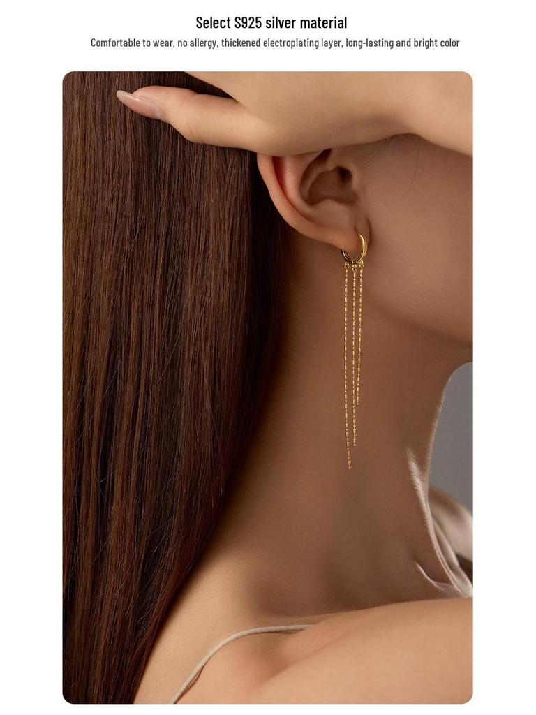 Under the Banyan Tree S925 Silver Elegant Tassel Earrings - Korean Fashion Face-Slimming Style