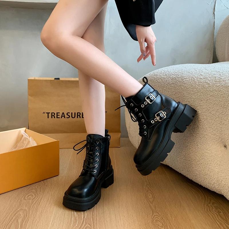 Ladies Shoes 2024 High Quality Side Zipper Women's Boots Fashion Front Lace-up Office and Career New Belt Buckle Ankle Boots