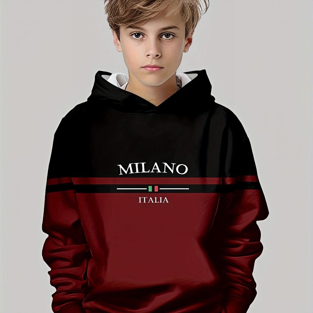 Boys' 3D printed minimalist letter hoodie - chestnut with Italian flag pattern, children's hoodie