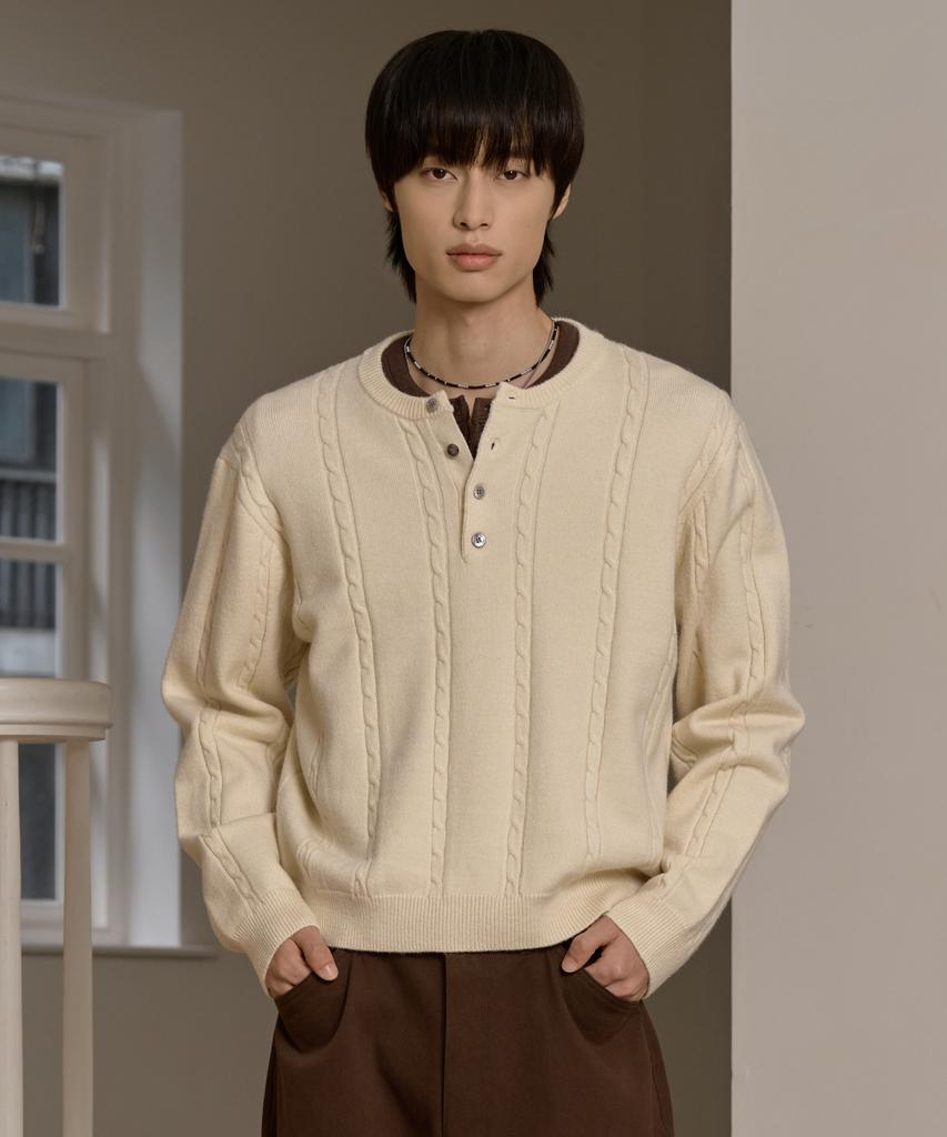 HYOJI Fw Washable Cable Crop Henley Neck Knit (8 Colors)