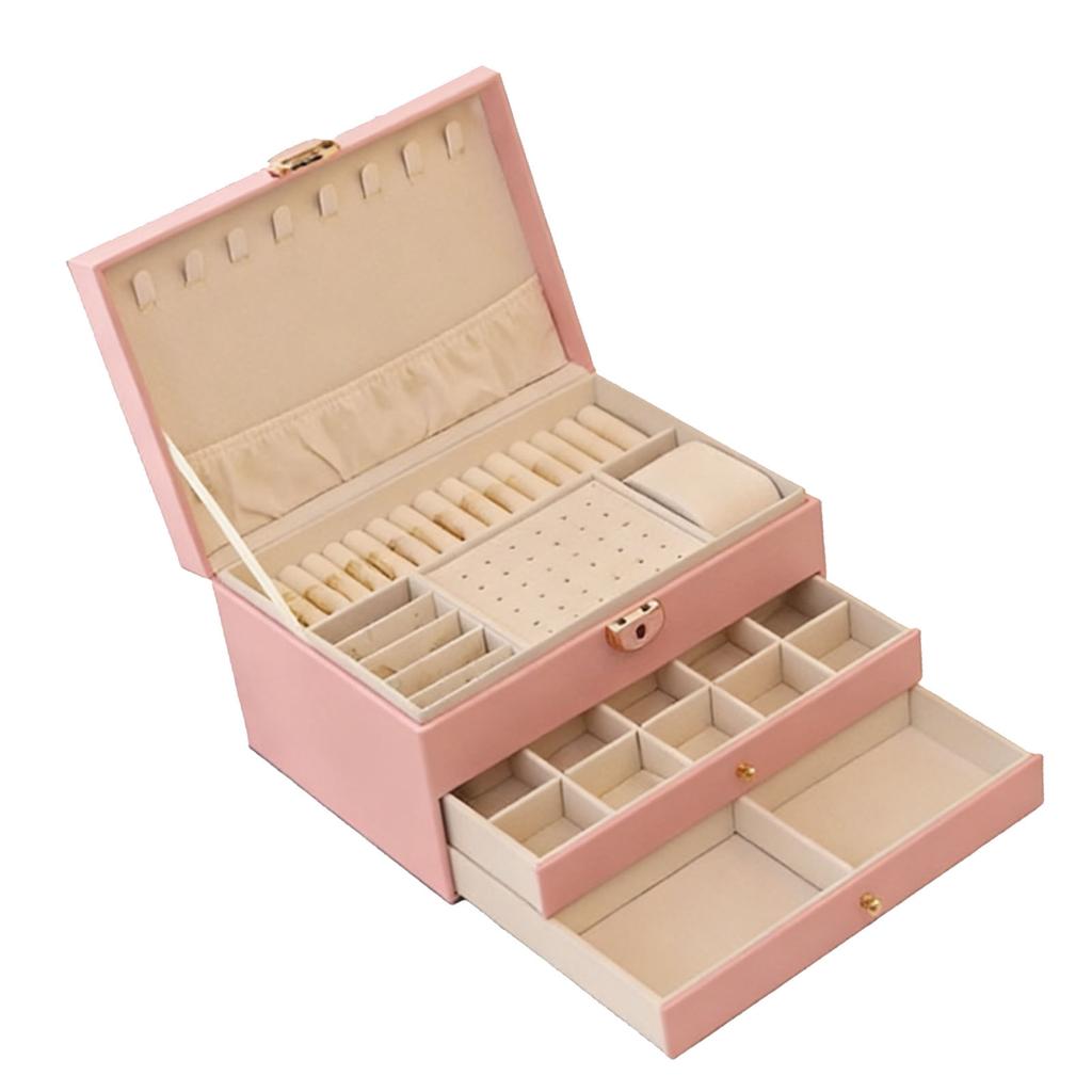 Jewelry Box Large Capacity 3 Layers Multifunctional Ring Necklace Earring Storage Box with Lock for Home Pink