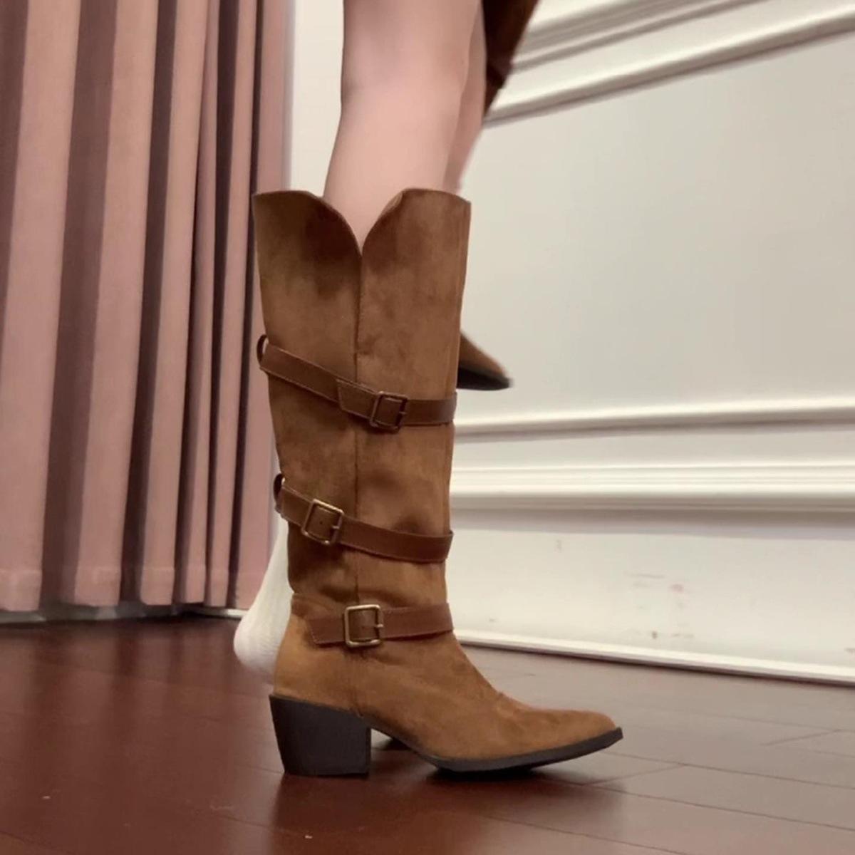 Frosted leather pointed heel heel heap boots Internet celebrity strap cowboy boots fashion boots 35