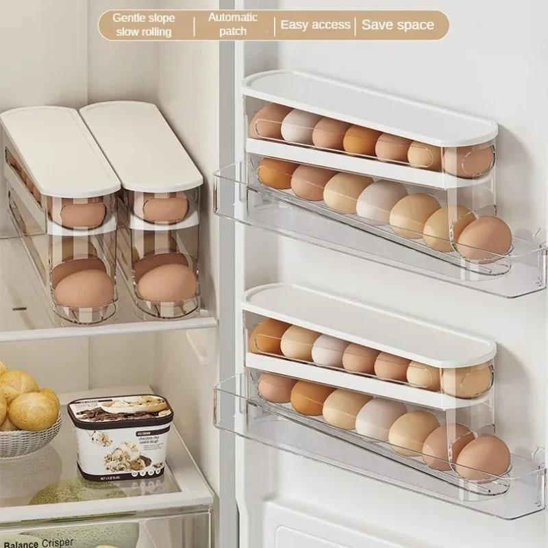 Dobbeltlags Køleskab Æg Opbevaringsboks Automatisk Rullende Æg Holder Stativ Stige Stil Køleskab Æg Dispenser Æg Organizer Holder