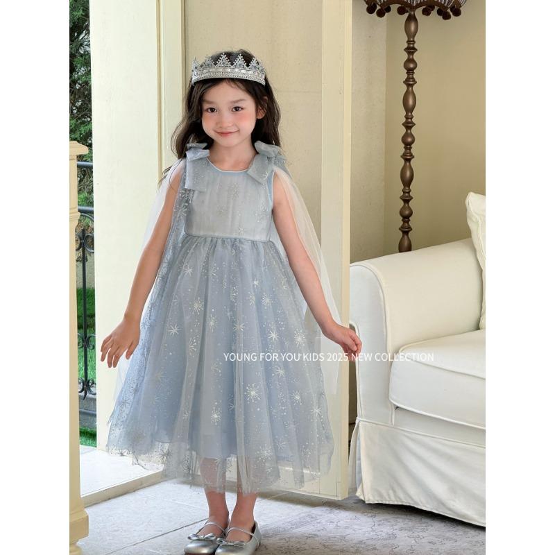 Kids Girls Short Sleeve Elsa Princess Bow Tulle Long Birthday Party Dress