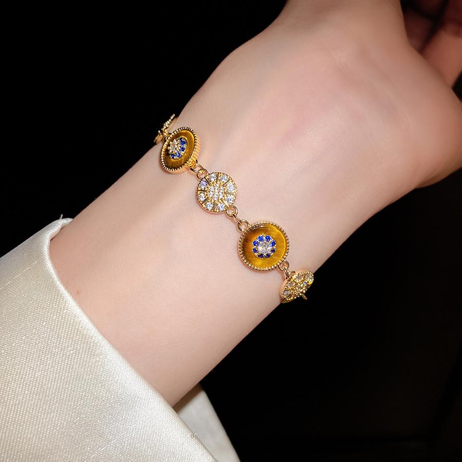 18K Gold Plated Geometric Tiger's Eye Bracelet with Zircon, Vintage Autumn Winter Style, Light Luxury Jewelry.