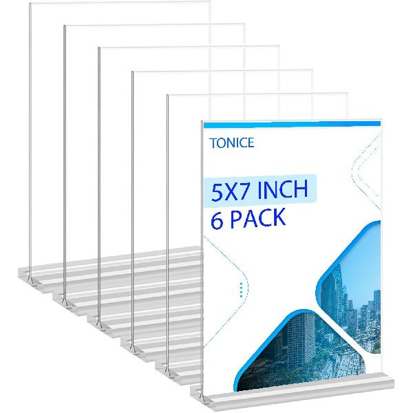 TONICE Acrylic Sign Holder 5 x 7 inch 6 Pack Double-Sided Plastic Sign Holder Stand Vertical Display Table Top Sign Holder for Office, Restaurants, 5x7 6pcs