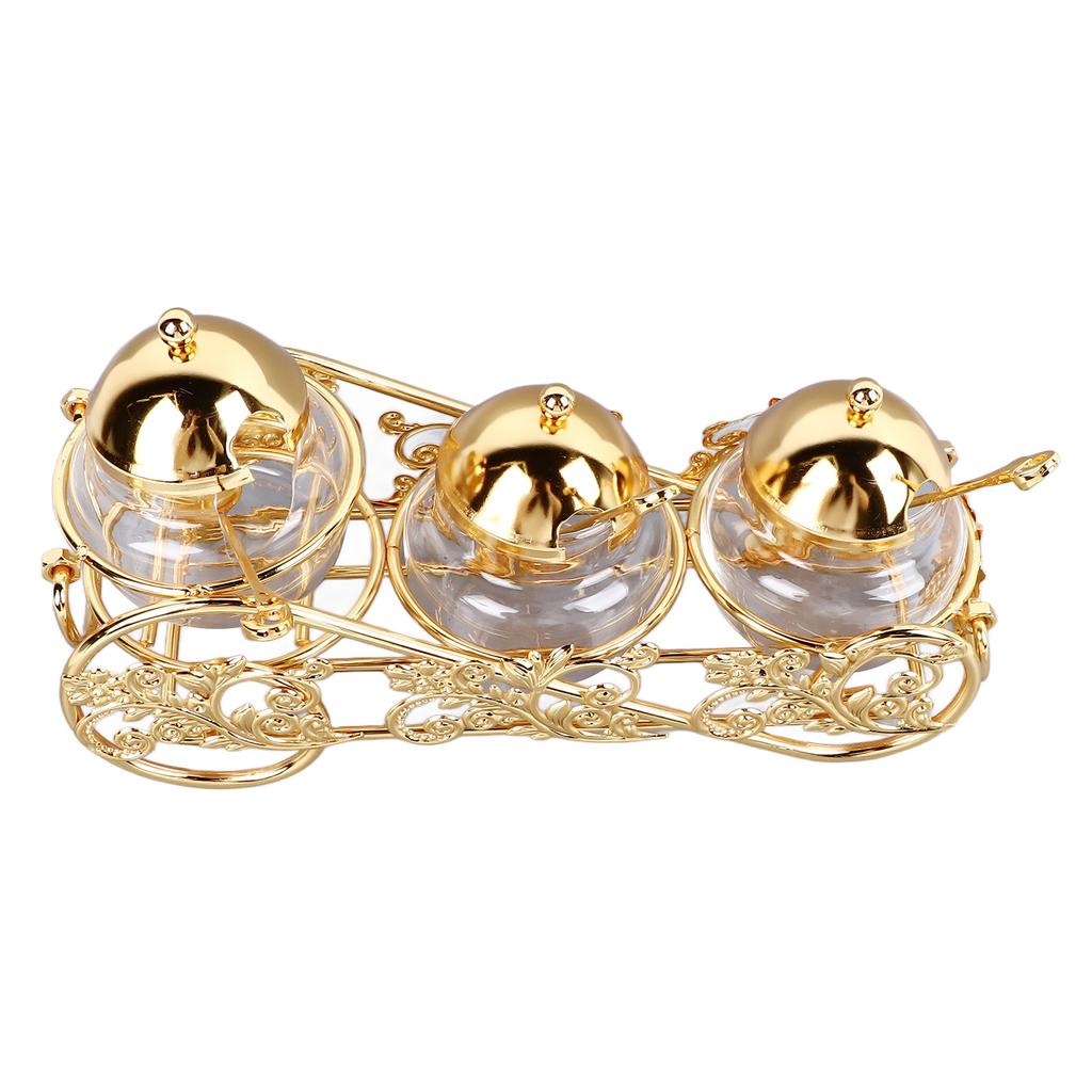 3 Piece Set European Style Gold Sugar Jar with Lid Spoon Polished Glass Seasoning Jar Condiment Pot