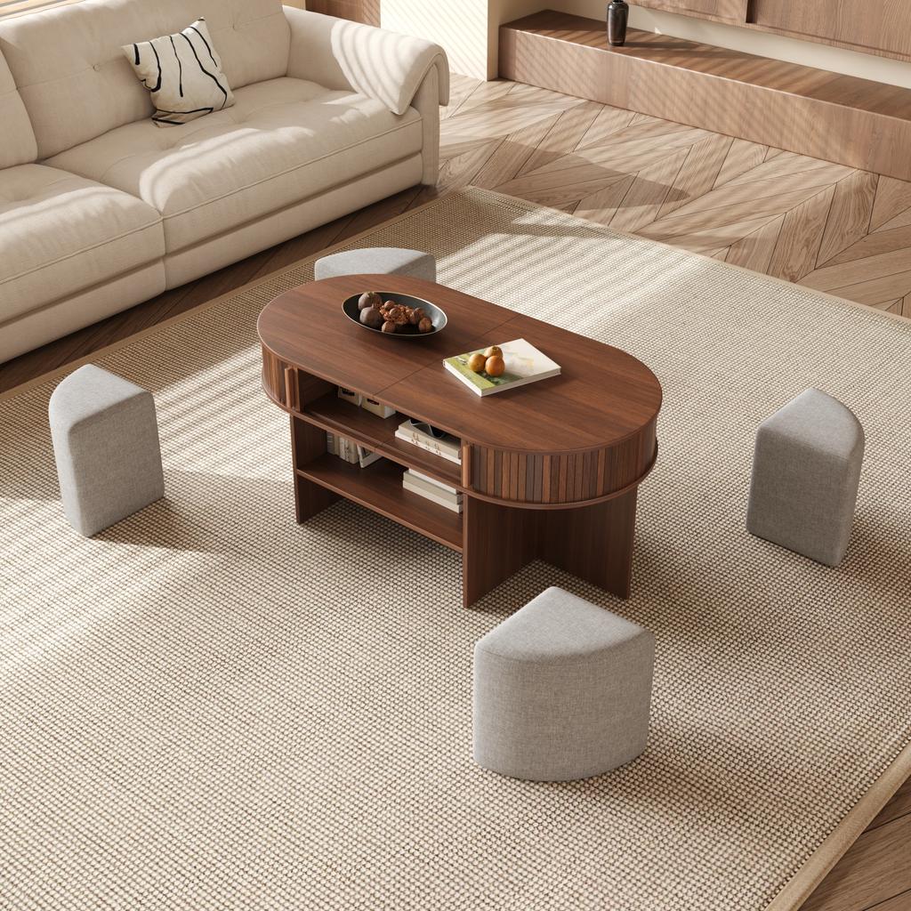 Oval storage coffee table with vertical fluted panelling, set with fabric stools, body made of particleboard+MDF, metal handles, with sliding doors