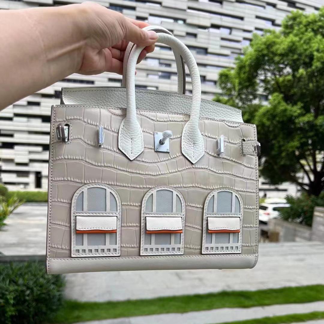 

Cross Border New 20 см Маленькая сумка из натуральной кожи Platinum женская сумка из коровьей кожи с контрастным узором под крокодила повседневная сумка 25x14x19cm