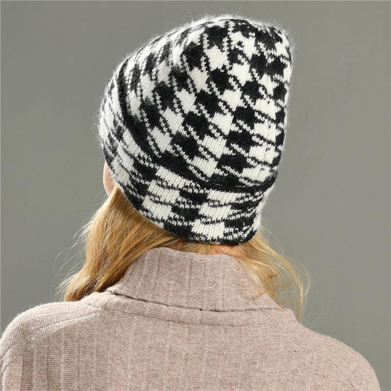 Autumn and winter new rabbit down long hair thousand bird grid hat comfortable warm wool hat soft waxy knitted hat