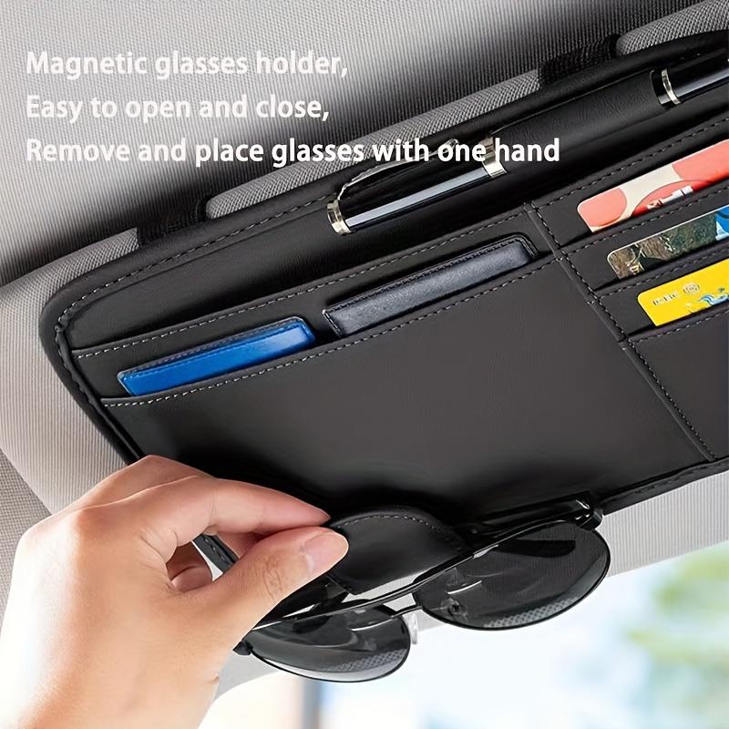 1pc PU Leather Car Visor Organizer with Glasses Holder, Multi-Functional Storage Pouch for Driver's License, Cards, and Accessories