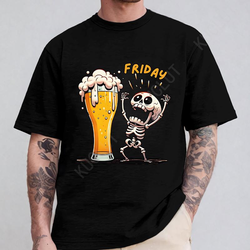Fashion Men's T Shirt Skeleton Enjoying FRIDAY Beer Day Tees Funny Finally Friday for Drink Lover Male Clothes Short Sleeve Tops
