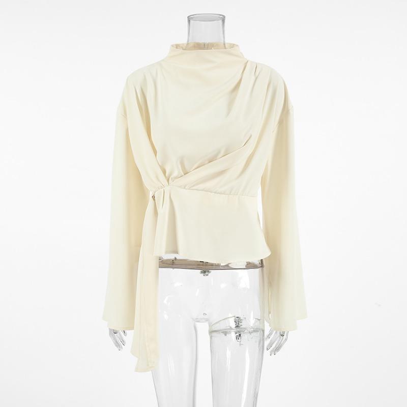 French Style Stand Collar Chiffon Flared Sleeve Pleated Split Shirt