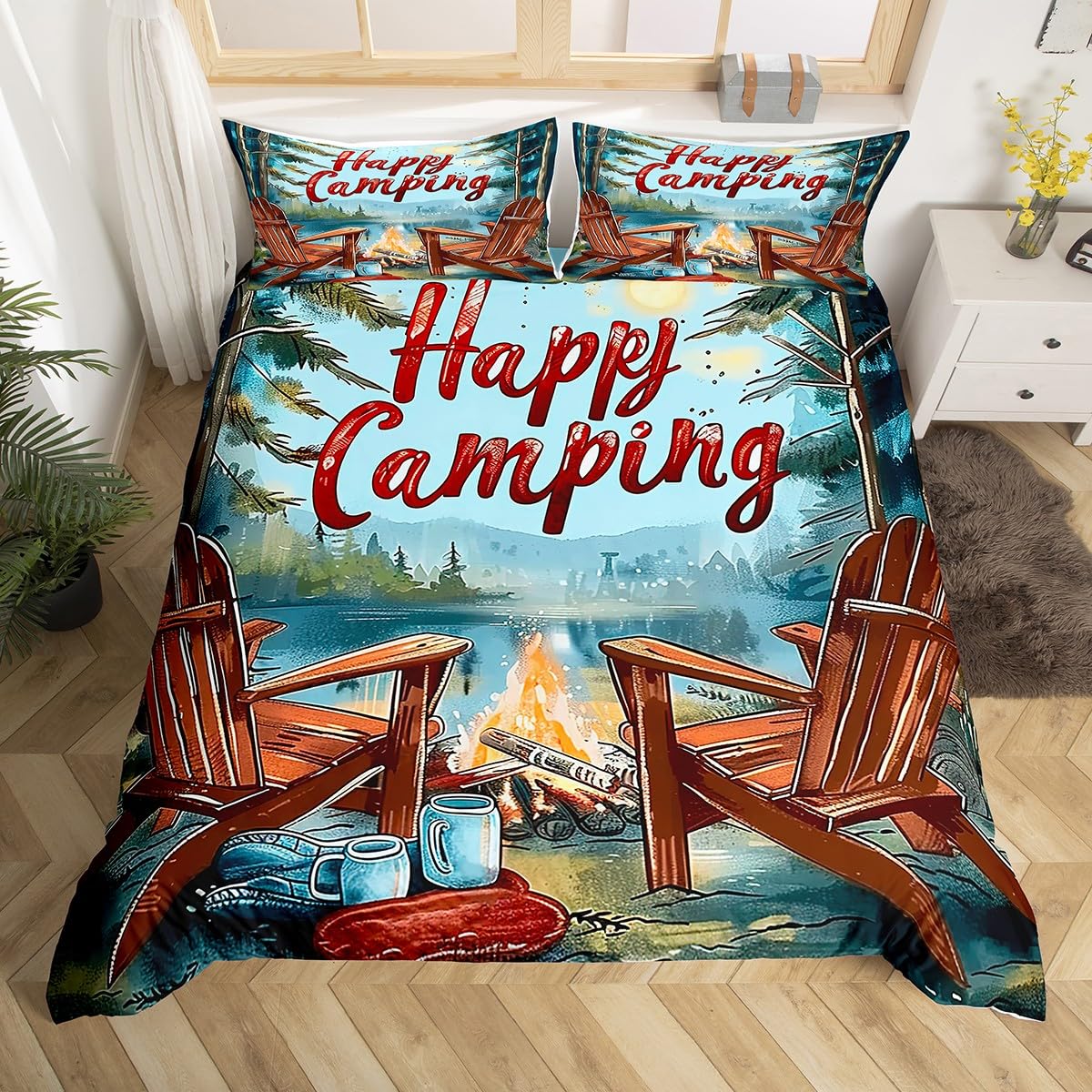 

Camper Theme Duvet Cover Set For Teens Adults Kids Queen Size Quilt Cover With 2 Pillowcase Bonfire Evening Bedding Set 3 Pieces EU Single(135x200cm)