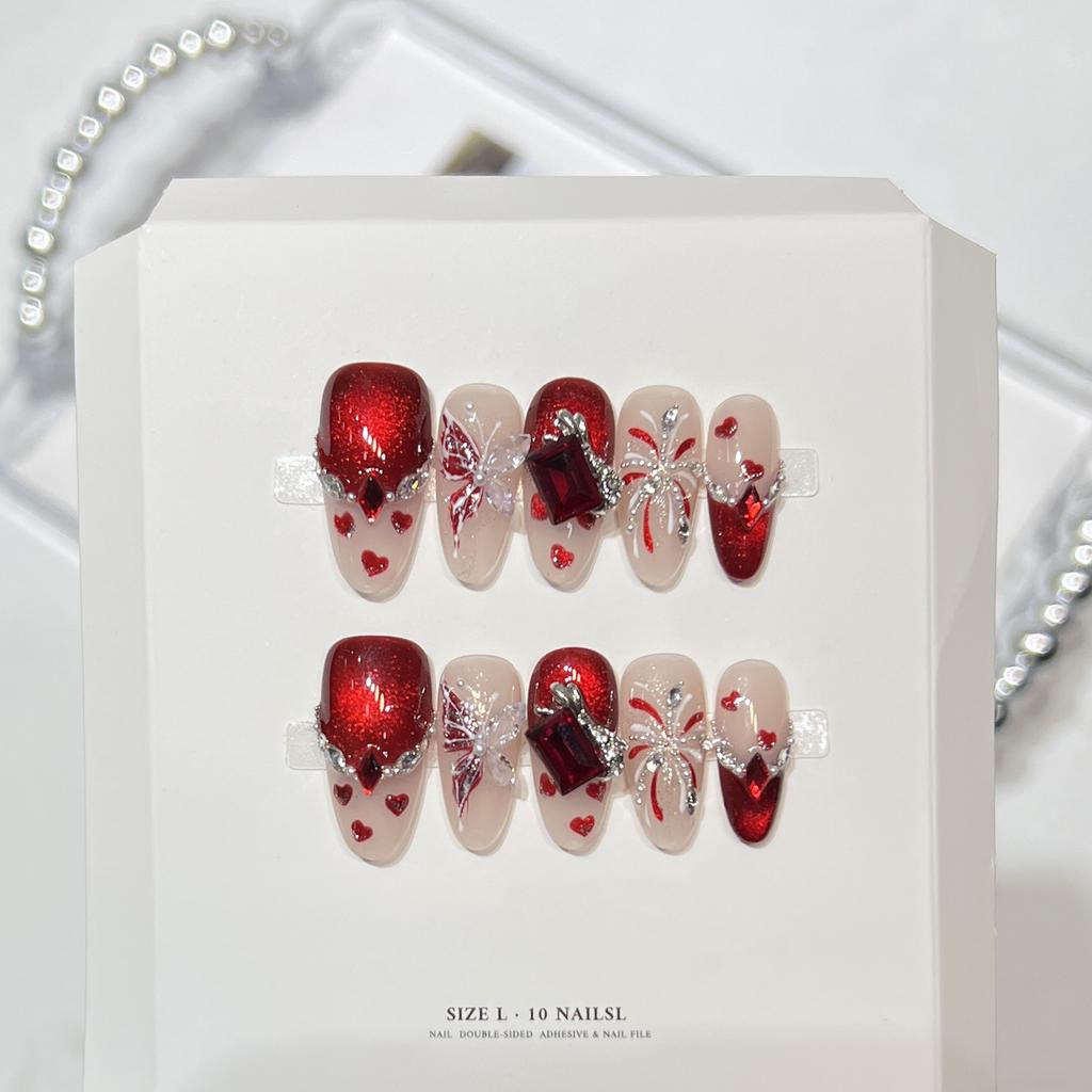 10Pcs Artificial Nails Red Cat-Eye Crystal Fake Nails With Butterfly Design For Holiday Party