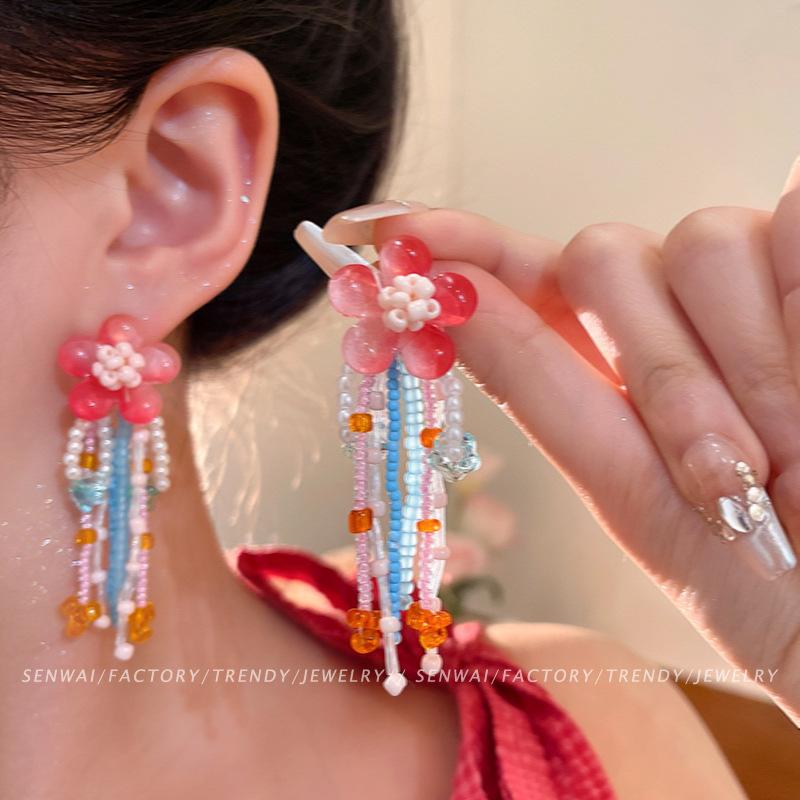Dopamine glazed flower fringed earrings fairy fairy vacation wind beaded stud earrings show face thin earrings