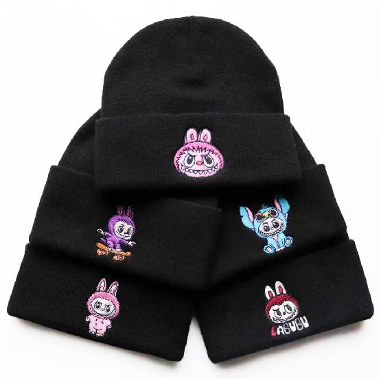 Autumn and winter trendy cartoon knitted hats for men and women labubu Embroidered student knit hat, warm hat