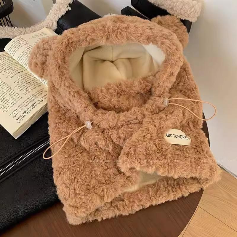 Korean Version of Warm Ear Protection Hat In Autumn and Winter Riding Cold Wave Cute Thick Plush Bear Hat Scarf Integrated Women