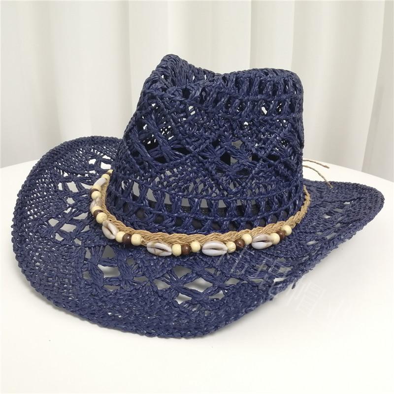 Summer Bohemian Shell Straw Hat Beach Women Men Cowboy Hats Wooden Beads Hollow Out Western Wide Brim Sun Hat Holiday Cap