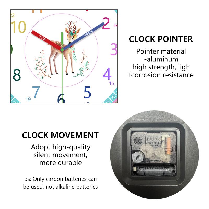 Stille Kinder Lern-Wanduhr Selbstdisziplin 24H & Minutenmarkierungen Niedliches Hirsch-Design Leicht lesbar für Kleinkinder Klassenzimmer