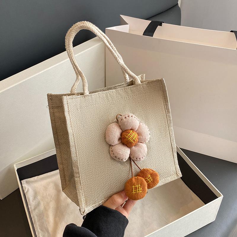 Korean Cute Ins Bento Bag Burlap Handbag Student Go Out Tote Bag Linen Lunch Box Bag Women