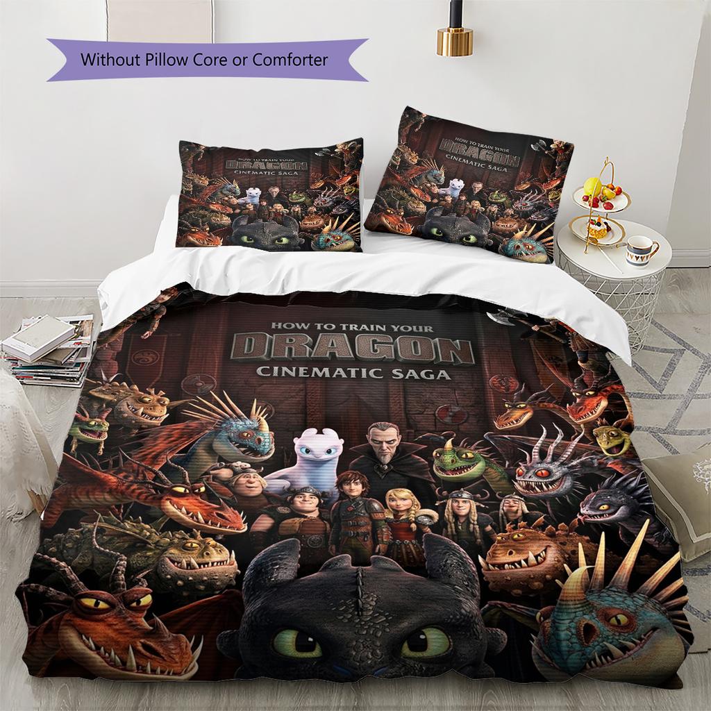 How Train Dragon Pattern Bedding Quilt Set Quilt Cover Pillowcase Home Birthday Gift(1 * Duvet Cover + 2 * Pillowcase, Without Core)